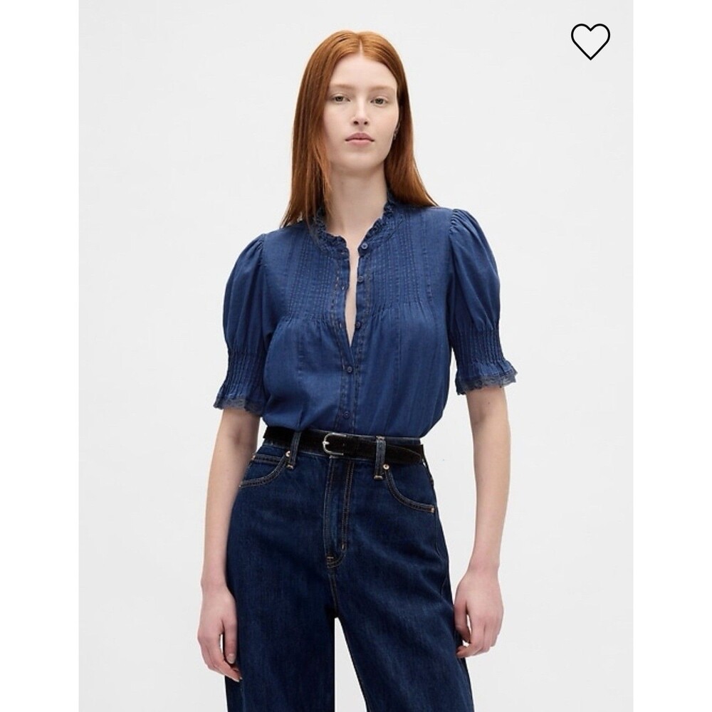 Gap Blue Indigo Ruffle Pintuck Shirt Puff Sleeve Women Shirt Top Blouse M Petite
